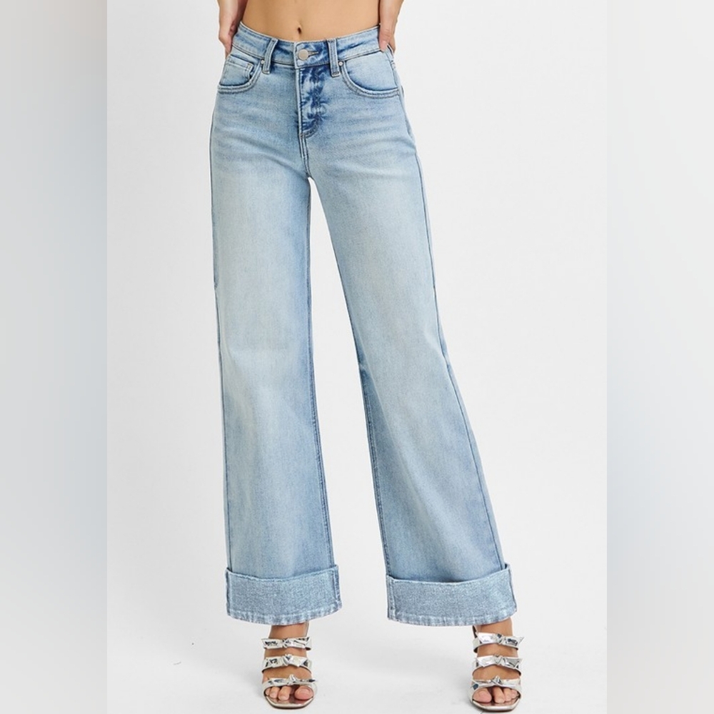 RISEN High-Rise Tummy Control Waist Pants Wide Leg Crop Cuffed Hem Denim Jeans - Picture 10 of 13